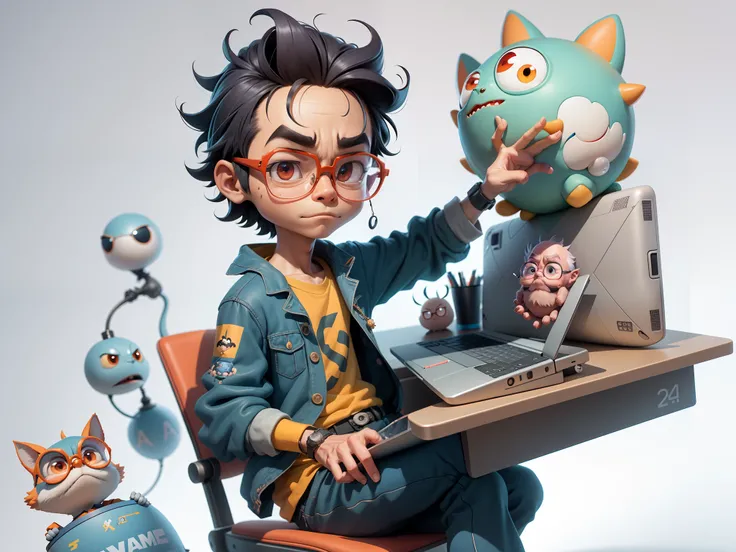 A young man with glasses sits at his desk，holding laptop，digitial painting，3D character design by Mark Clairen and Pixar and Hayao Miyazaki and Akira Toriyama，4K HD illustration，Very detailed facial features and cartoon-style visuals。