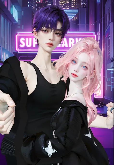 a couple, Height difference, Anime girl with pink hair and black dress holding mobile phone, nixeu and sakimichan, Cyberpunk))))), kda and sam yang, Cyber Aesthetics, Goth aesthetics, The Aesthetics of Darkwave Goth, inspired by Sim Sa-jeong, Anime style. ...