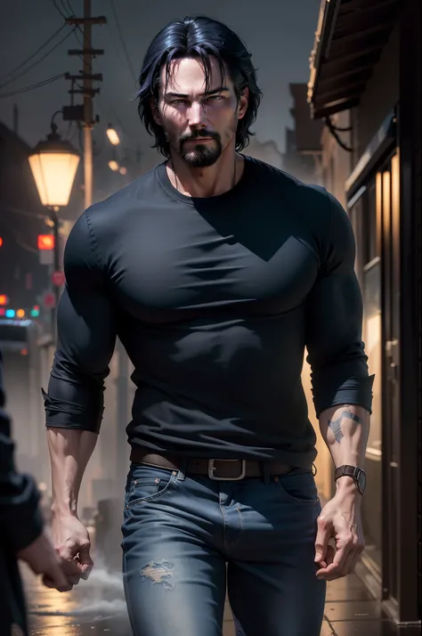 (the year is 2023), dark midnight moonlight backlight fog (masterpiece:1.2) (illustration:1.2) (best quality) (detailed) (intricate) (8k) (HDR) (wallpaper) (cinematic lighting) (sharp focus) one, solo, alone, father (Keanu reeves) (white t-shirt and blue j...