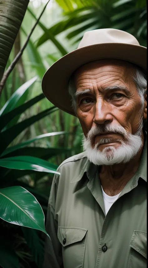 photo of an old man in a jungle, looking at the camera