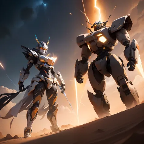 Create a thrilling scene where two transformative robots are facing off in a vast desert during sunset. The energy of battle creates a dance of shadows and lights over the sand dunes.

Appearance of robots:
Two imposing transforming robots dominate the des...