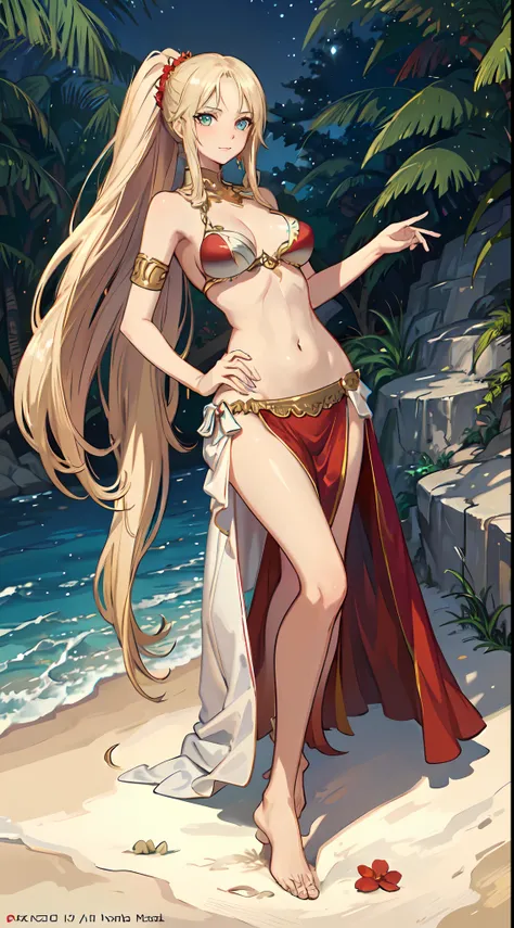 blonde hair, long hair, green eyes, with leg opened and an enticing beach pose, wearing a elegant red gown that shows off her navel, resembling an Arabian belly dancer. She has a short trimmed skirt and her flowing blonde hair is styled in a side ponytail....