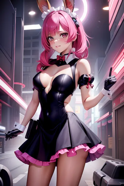 masterpiece, best quality, highres, nm1, cyberpunk maid dress, short skirt, rabbit ears, cowboy shot, standing, colorful hair