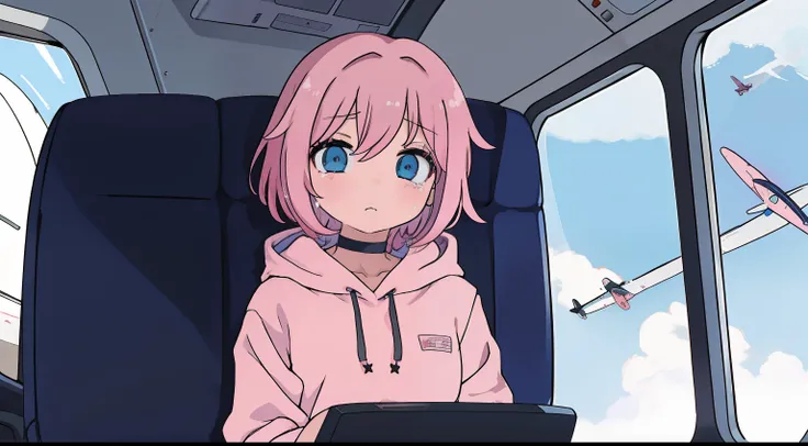 anime girl, short pink hair, bangs, pink hoodie, blue skirt, black legwear, choker, sitting inside a airplane, using a phone, sad, cry, airplane window