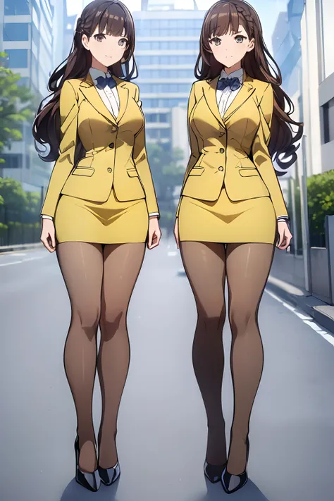 ((masterpiece, best quality, 8k, highres:1.2)), blue skirt suit, highleg, hazel eyes, yellow blazer, medium breasts, yellow pencil skirt, bare legs, black high heels, (brown hair, curly hair, long hair), (2girls, duo, twins, clones), ((matching hairstyles,...