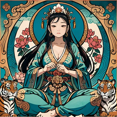 an ancient Chinese goddess, guanyin of the southern seas, Guanyin, Inspired by India, Avalokiteshvara rides a tiger，,Serene expression,shui mo hua,Buddha,Buddhist,Lotus,Chinese painting style,Thangka style