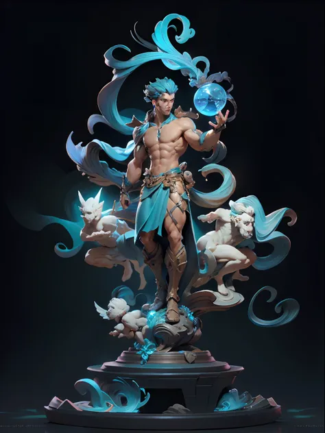 Sculpture design，Figures，Immortal，（base）male people，Handsome，chest muscle，Abs，dunhuang，Systemic vision，semi transparent，Computer graphic arts，A high resolution，32K，3D naked boy，Blind box toy style，best qualtiy，hyper HD