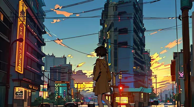 sunset on city streets，there is a puddle of water on the ground, beautiful anime scenes, hd anime cityscape, makoto shinkai's st...