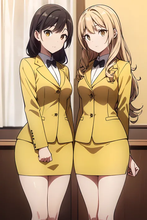 ((masterpiece, best quality, 8k, highres:1.2)), yellow uniform, highleg, hazel eyes, yellow blazer, medium breasts, yellow pencil skirt, bare legs, black high heels, (brown hair, curly hair, long hair), (2girls, duo, twins, clones), ((matching hairstyles, ...