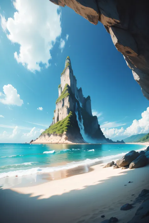 Best quality, masterpiece, ultra high resolution, a shiny day at the beach in the blue ocean, no human, a little crab on the beach, a mountain on top of the island