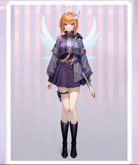 anime girl with angel wings and a purple dress and long boots, blue eyes and blonde with mix of orange hair, dress inspired by akane from akane ga kill purple, Gray half jacket to look cool on her dress, ornament on one leg, futuristic type band,!!full bod...