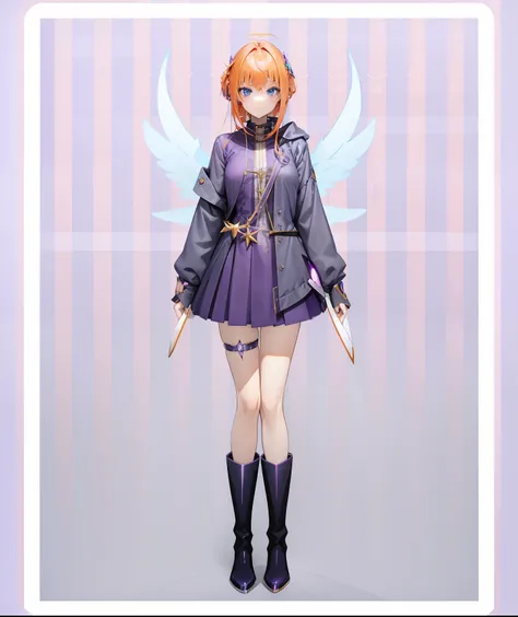 anime girl with angel wings and a purple dress and long boots, blue eyes and blonde with mix of orange hair, dress inspired by akane from akane ga kill purple, Gray half jacket to look cool on her dress, ornament on one leg, futuristic type band,!!full bod...