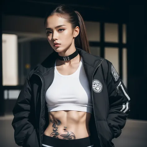 best quality, masterpiece, highres, 1girl, Beautiful face, photorealistic, 8k, UHD, long hair, ponytail, arm tattoos, tattooed, toned abs, sweat, Asian, female, muscular biceps, choker, dark skin, street wear, wearing streetwear, busy street, (high detaile...