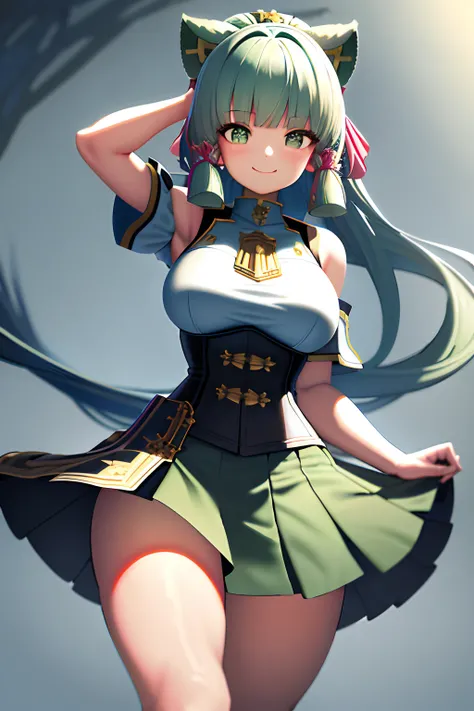 (Masterpiece, Best quality:1.2),, Solo, 1girll, Green hair，Thick thighs，Wide buttocks，gigantic ass, Smile, Closed mouth, view the viewer, White dress without straps, Corset, Layered skirt, black over-the-knee socks, Bare shoulders, cosmic space, Star (sky)