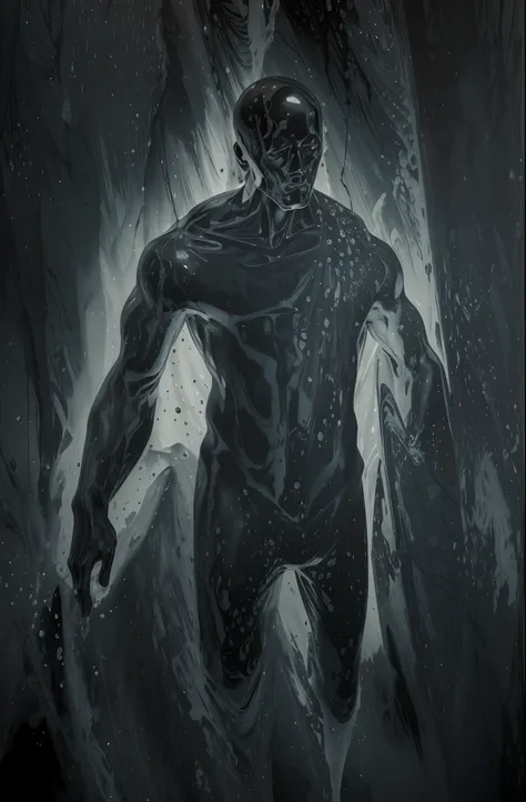 pintura de um homem em um terno preto segurando uma prancha de surf, silhueta humana cristalizada, retrato do homem feito do gelo, corpo humano abstrato, character is covered in liquid, figure in the darkness, ghostly figure, o homem esculpindo-se em pedra...