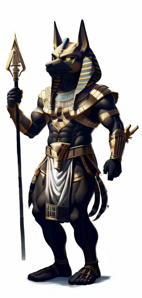 Painting of a man in a white outfit with a gold mask and staff, The Angry God Anubis, Egyptian god, Egyptian god of wind, Egyptian god, Egyptian god, photo of ghost of anubis, God Anubis, Attack on the Egyptian god, tome, Egyptian gods, pharaoh, pharaoh, P...