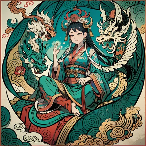 an ancient Chinese goddess, guanyin of the southern seas, Guanyin, Inspired by India, Avalokiteshvara rides a dragon，,Serene expression,shui mo hua,Buddha,Buddhist,Lotus,Chinese painting style,Thangka style