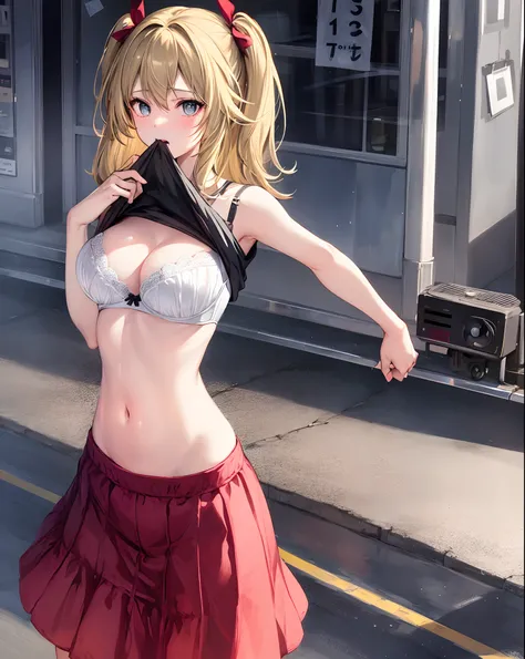 1girl, large breasts,clothes in mouth, cleavage, navel, t-shirt, ((bra)),clothes lift, shirt in mouth,