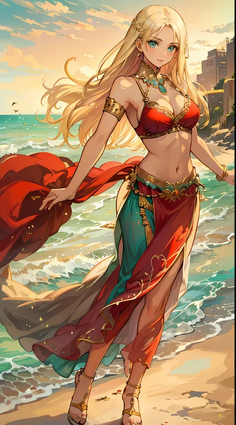 blonde hair, long hair, green eyes, with leg opened and an enticing beach pose, wearing a elegant red gown that shows off her navel, resembling an Arabian belly dancer. She has a short trimmed skirt and her flowing blonde hair is styled in a side ponytail....