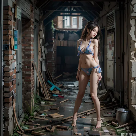 abandoned ruins，Sexy standing pose，full-body portraits（1：1），18 years old girls，Slender and slender figure，Skinny，As thin as a whipping post，Smaller bust，The barefoot，Random nudity all over the body，exhibitionists，Random exposure of genitals，face to the vie...