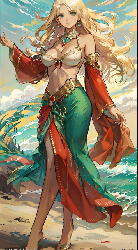 blonde hair, long hair, green eyes, with leg opened and an enticing beach pose, wearing a elegant red gown that shows off her navel, resembling an Arabian belly dancer. She has a short trimmed skirt and her flowing blonde hair is styled in a side ponytail....