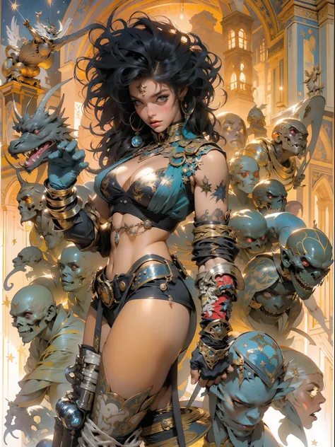 (((mulher))), (((melhor qualidade))), (((obra prima))), (((adulta))), Uma guerreira mulher de 35 anos com corpo perfeito, Brooklyn Gladiators, (( under boobs )), quase nua no estilo selvagem urbano de Simon Bisley para a capa da revista Heavy Metal, cabelo...