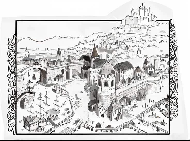 um desenho de uma cidade com um castelo e uma ponte, cidade medieval, uma cidade medieval, Flintlock Fantasy Capital Cidade, mapa da cidade medieval, renaissance port city background, Fundo medieval da cidade, cidadela medieval, castle scene manga, cidade ...