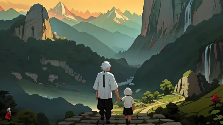 from behind, A baby boy 5 years old with white hair with his father, In ancient times, going to mountains and looking to mountain