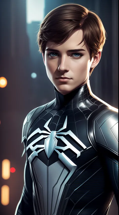 Thomas Stanley Holland as spider-man, vhs effect, beautiful elegant face, upper body portrait, wearing stylish detailed black spider-man armor, symmetrical texture, standard body, white skin (skin texture:1.2 ), detailed everything aerial city view, intric...