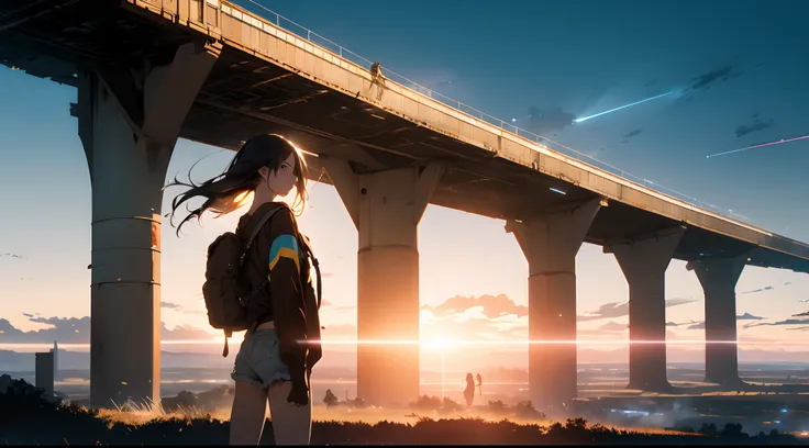 The vast sky, beautiful skyline, large grasslands, extremely tense and dramatic pictures, moving visual effects, the high-hanging Polaris, and colorful natural light. Long-sleeved top, denim shorts, and a girl with a backpack.