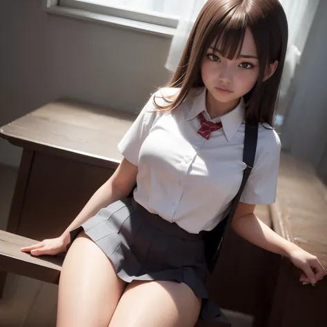 ​masterpiece, top-quality, 8K, Official Art, Raw foto, Incredibly ridiculous, beautiful a girl, cute smile face, (sitting on, cowboy  shot, 校服, thighs thighs thighs thighs:1.2), white  shirt, looking at the viewers, Teen, ‎Classroom, A hyper-realistic, hig...