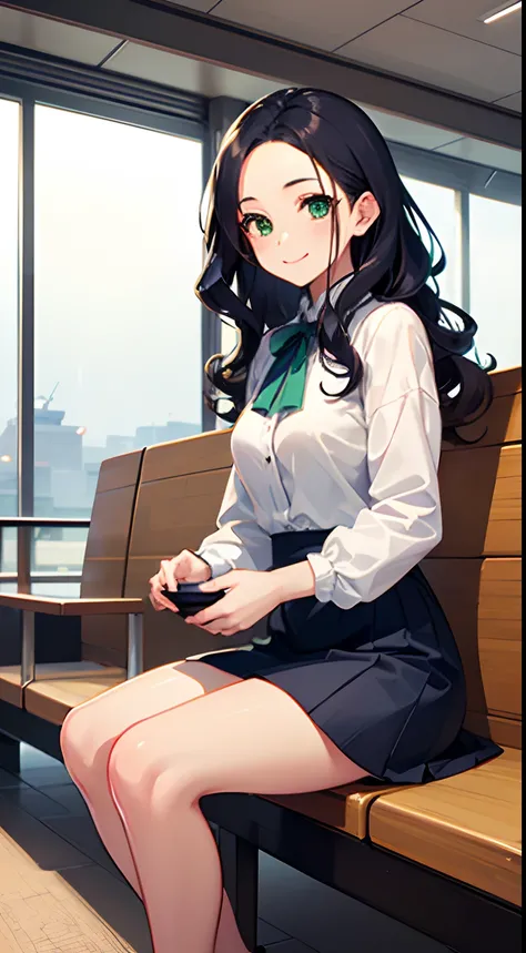 ((Best Quality)), (Ultra-detailed), ((Extremely detailed)), (Beautiful), ((Kawaii Girl)),Medium Hair,Forehead,Dark blue hair,(Wavy Hair),Green eyes,smock blouse,Mini skirt,regular breasts,Smile,Haneda airport lobby,sitting,One Woman