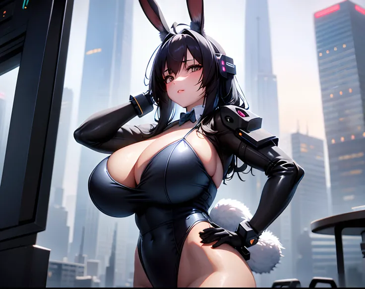 transcendent beautiful girl,Exposed chest, Huge_Breasts, Wide_lower back,open stance, (Cybertech punk masks:1.2), cyber punk city, (Rabbit ears, Rabbit tail), Masterpiece, Best quality, Capture super cute moments, Depth of field, Ultra detailed, 超高分辨率, C4D...