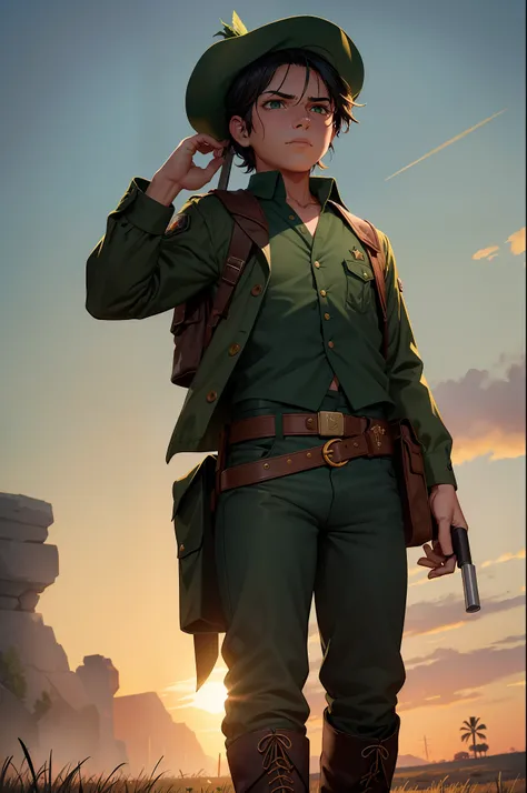 A 13-year-old child in a green beret in a field, ele tem um arco e flecha em suas costas. Em Red Dead Redemption 2, RDR 2| personagem masculino, black vest and shirt fulfilled to the forearm of the color green| black pants and boots with brown top and dark...