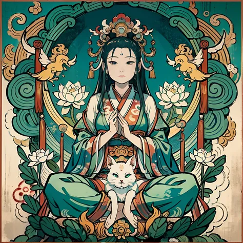 an ancient Chinese goddess, guanyin of the southern seas, Guanyin, Inspired by India, Avalokiteshvara，,Serene expression,shui mo hua,Buddha,Buddhist,Lotus,Chinese painting style,Thangka style