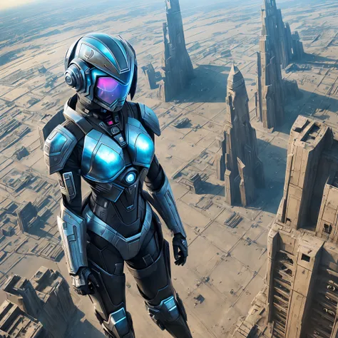 galactic female assassin, cybernetic helmet, cybernetic implants, x-mech suit, full body shot, standing on top of rubles, desolate town, Overhead view, vantage point, horizon, ((UltraHD, Hyperrealistic, HDR, high details, intricate, depth of field, Ultra s...