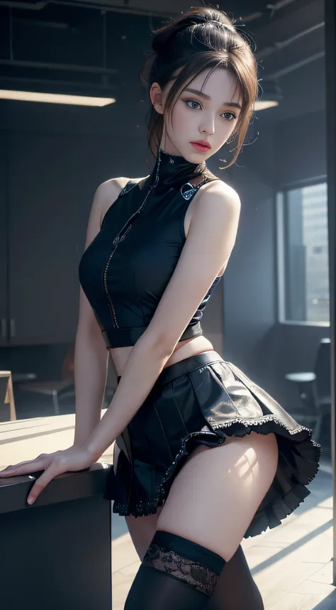 (8K, RAW photo, Best quality, Mastery:1.2), (Realistic, photo-realistic:1.37),1 girl,Cute,Blue eyes, (Solo),full-body portraits，Detailed ponytail，Dramatic angles，office room，looking at viewert，angle of view ,cyber punk perssonage,Short black lace skirt，