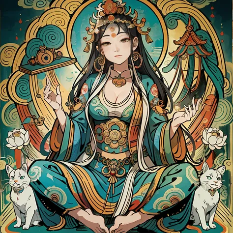 an ancient Chinese goddess, guanyin of the southern seas, Guanyin, Inspired by India, Avalokiteshvara，,Serene expression,shui mo hua,Buddha,Buddhist,Lotus,Chinese painting style,Thangka style