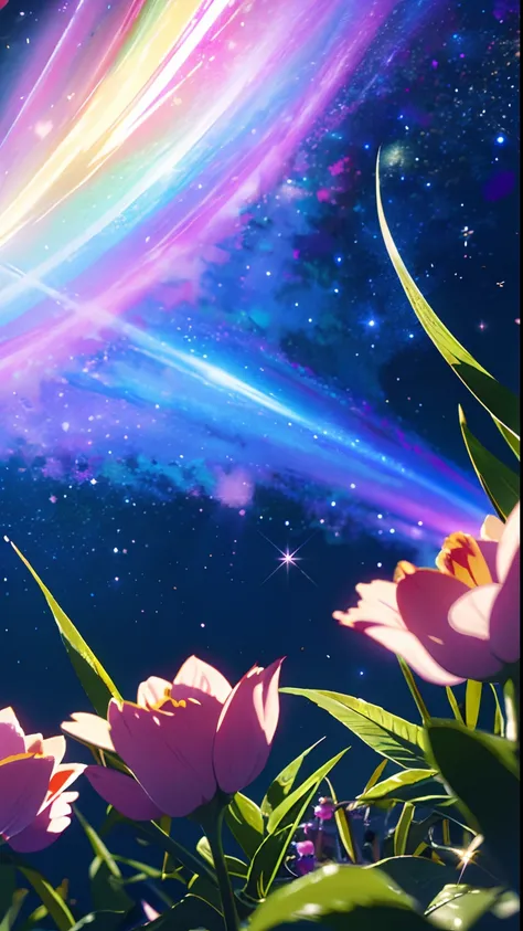 High Quality, high-detail, Bright starry sky, Multicolored Flowers Emitting Dazzling Light CG Art 8K