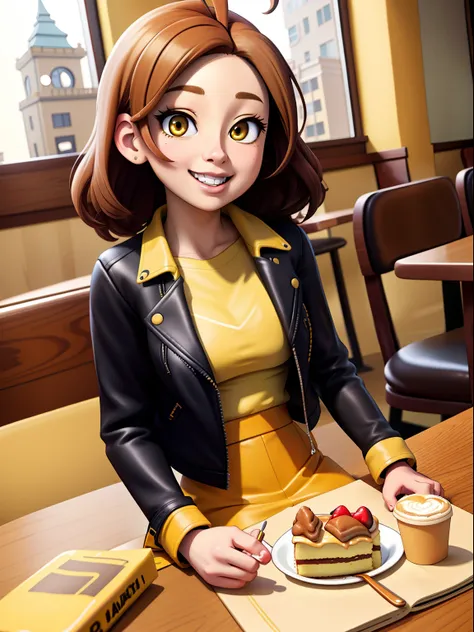 masterpiece,best quality, high resolution, extra detailed, 1girl kizakiairi, sit at the table, eating a cake , happy, coffee shop, dynamic angle, opened black leather jacket, long sleeves, yellow shirt,