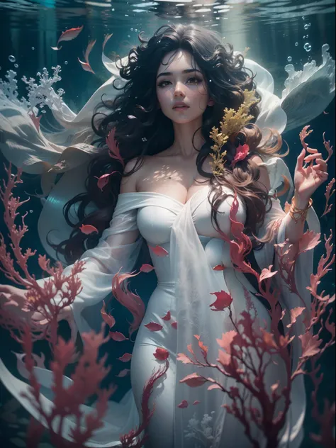 celestial sexy goddess underwater, in underwater seaweed garden, portrait, (dynamic pose), black long curly hair, wearing white robe, wearing golden hand glove, masterpiece, trends, 8k