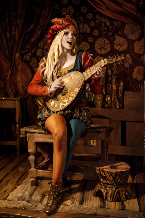 (masterpiece, top quality, best quality, official art, detailed:1.2), priscillaW3, 1girl, solo, long hair, open mouth, blonde hair, red hat, sitting, tree stump, lute (instrument)