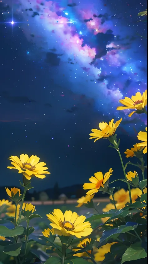 High Quality, high-detail, Bright starry sky, Multicolored Flowers Emitting Dazzling Light CG Art 8K