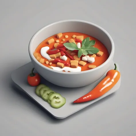 Create a clean and simple isometric icon on a white background incorporating a subtle hard straight shadow effect in light grey. The subject should be a Bowl of chili . Use the corporate colors of orange and navy blue as prominent accents throughout the il...