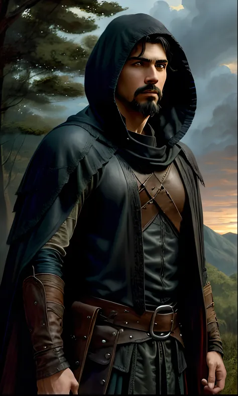 closeup of 1 brawn elf 20 years old, attractive, mexican, ((dressed in old torn dirty black leather clothes with a long black cape with a hood down on his shoulders. Has a black leather sheath at the right of his waist, with a small satchel on his left wai...