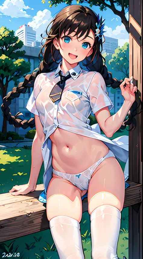 Masterpiece, best quality, school uniform, Tazune Rirei, blush, smile, looking up, embarrassed, white shirt, short sleeves, day, park, sitting on green grass, perfect lighting, realistic white panties, twin braid hair, pantyshot, spread legs, crotch seam, ...