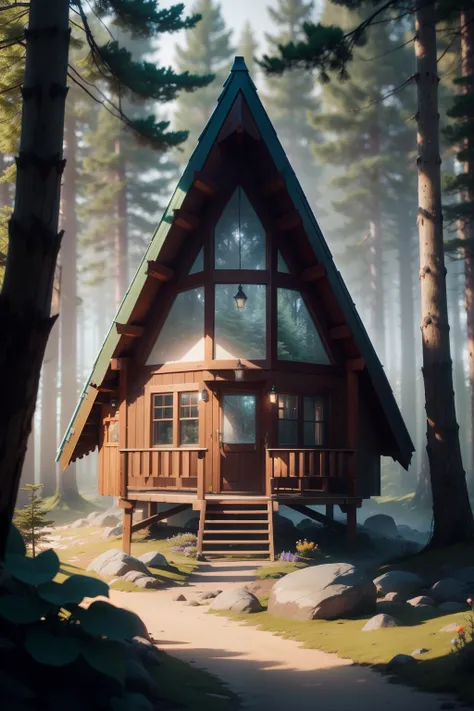 A tiny A-frame house (Masterpiece, Best Quality, High Quality, Highres:1.4), Detailed, Extremely Detailed, Ambient Soft Lighting, 4K,Blurry, Blurry Background, Depth of Field, Bokeh, DOF, Fog, Bloom Outdoors, (Nature, fantasy forest:1.2), (Rocks:1.2), sunn...