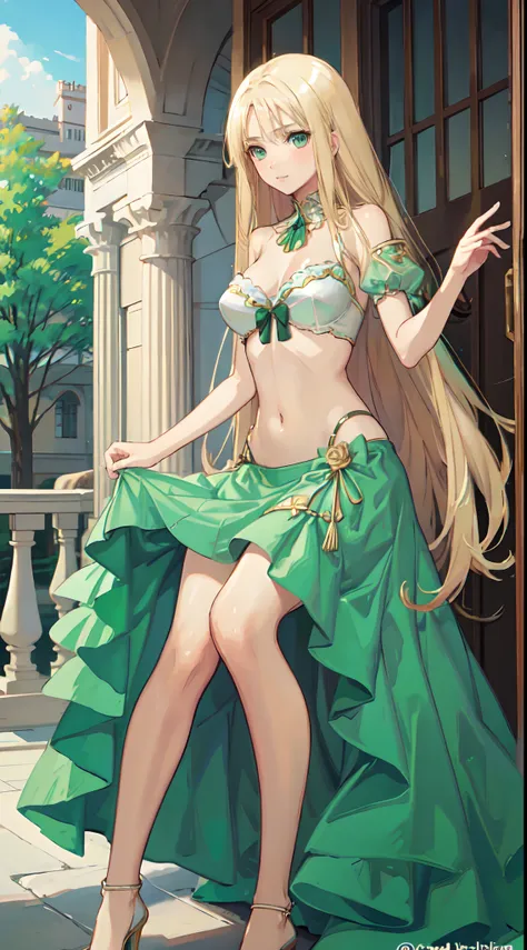 blonde hair, long hair, green eyes, green gown, skirt, slim legs, navel, balcony, happy