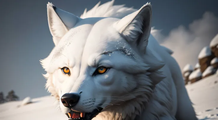 Crie um lobo branco com olhos de fogo HD detalhes imagem ultra realista de um lobo branco com olhos de fogo com fundo de neve,