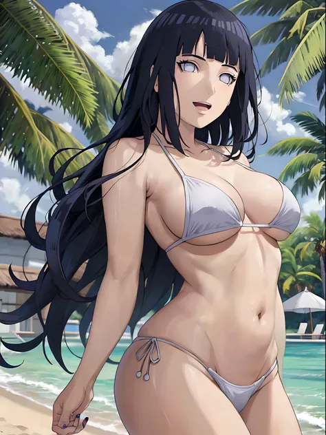 (masterpiece, 1k, anime style:1.9, (detailed beach background, big breasts, big boobs, open mouth, high color saturation, bold lines, bold drawing lines, (strong arms, flat belly, groin, hands behind back), detailed bold arm lines), strong arms, strong lig...